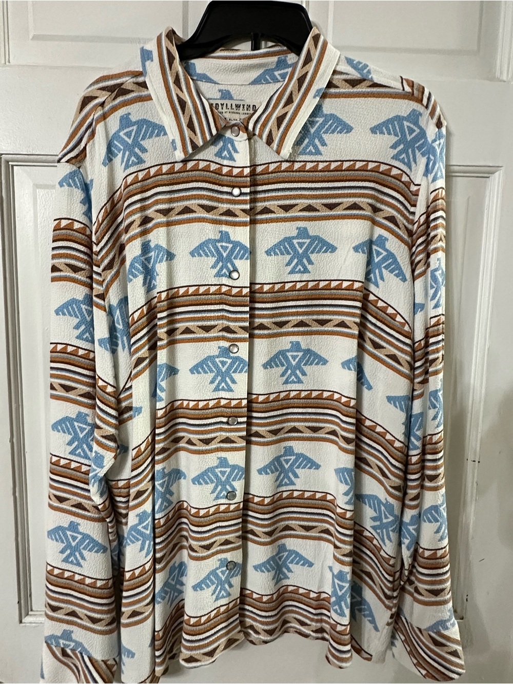 Idyllwind Cream Button-Up Shirt with Blue & Brown Aztec Motif